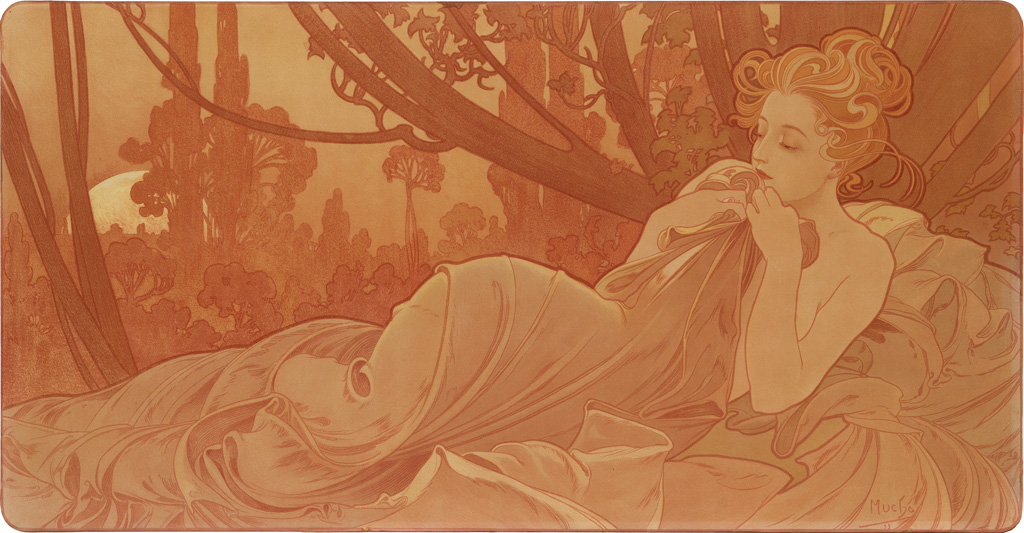 ALPHONSE MUCHA (1860-1939). [AURORE ET CRÉPUSCULE / DAWN & DUSK]. Two decorative panels. 1899. Each 18x34 inches, 47x87 cm. [F. Champen
